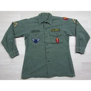 Vintage 60s US Army Military OG 107 Sateen Fatigue Shirt (21.5x27) Vietnam Era
